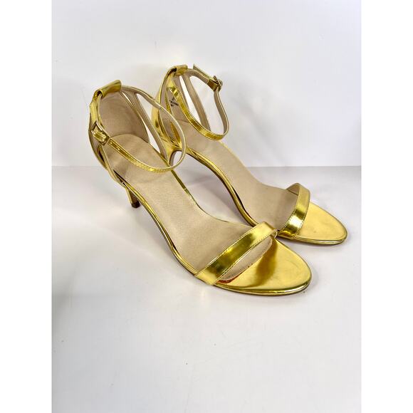 ASOS Size 8 Gold Shiny 3 Inch Ankle Strap Heels Open Toe - Picture 2 of 15
